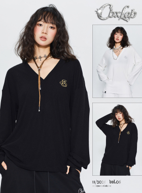 CBXLAB街舞潮牌慵懒简约亲肤高弹V领长袖爵士辣妹老钱风跳舞上衣