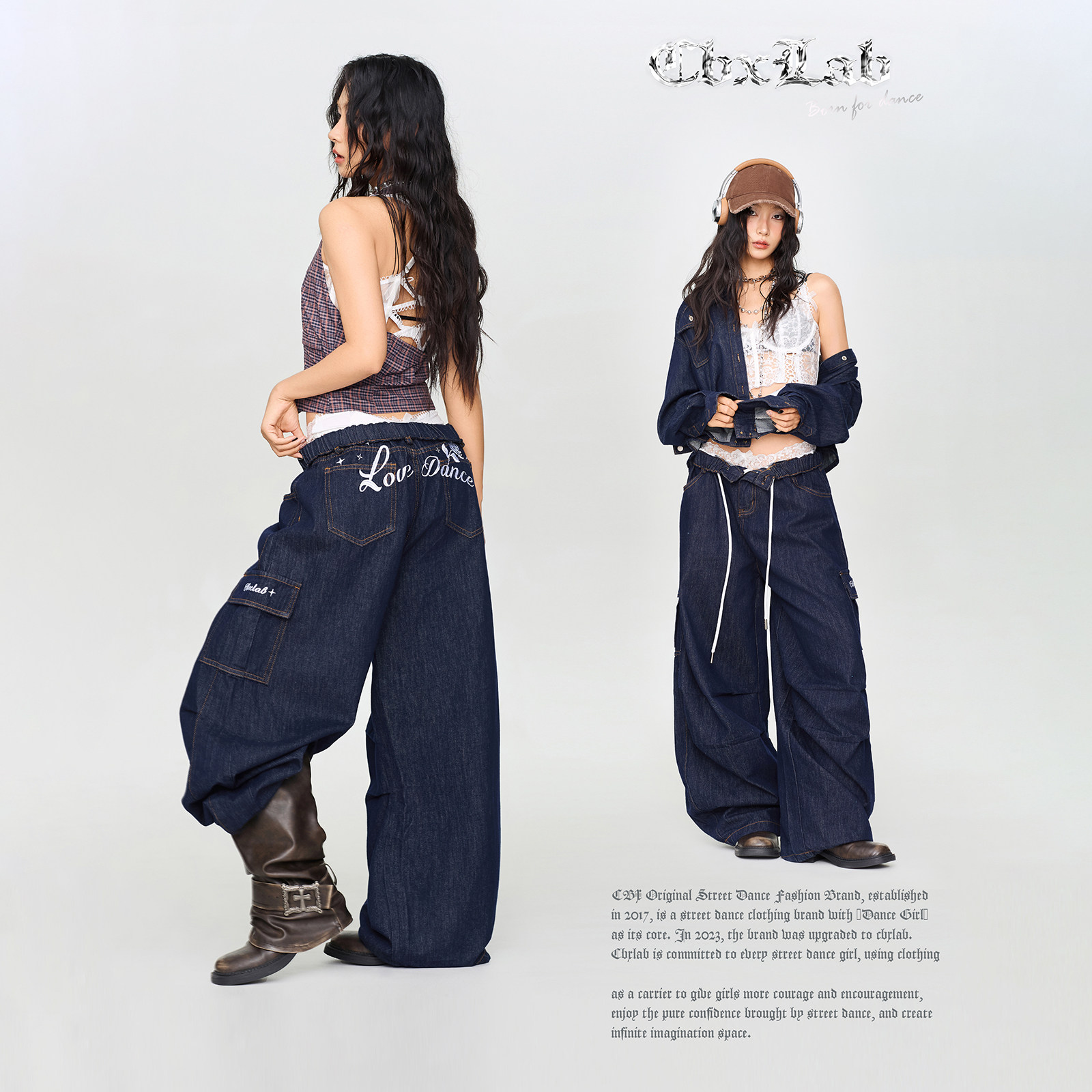 CBXLAB街舞潮牌复古藏蓝玫瑰印花美式牛仔长裤嘻哈街头重工工装裤