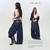 CBXLAB街舞潮牌复古藏蓝玫瑰印花美式 裤 牛仔长裤 嘻哈街头重工工装