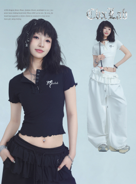 CBXLAB街舞潮牌木耳边甜酷辣妹修身爵士短袖嘻哈美式夏季透气T恤