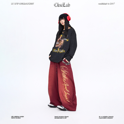 CBXLAB街舞潮牌枣红美式水洗做旧风嘻哈长裤复古爵士宽松运动裤潮