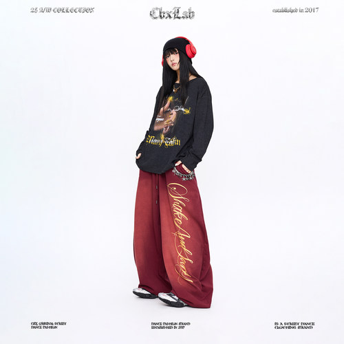 CBXLAB街舞潮牌枣红美式水洗做旧风嘻哈长裤复古爵士宽松运动裤潮