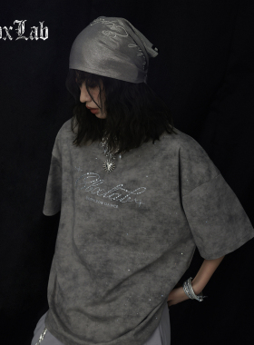 CBXLAB街舞潮牌深灰扎染烫钻嘻哈T恤做旧废土爵士上衣欧美短袖潮
