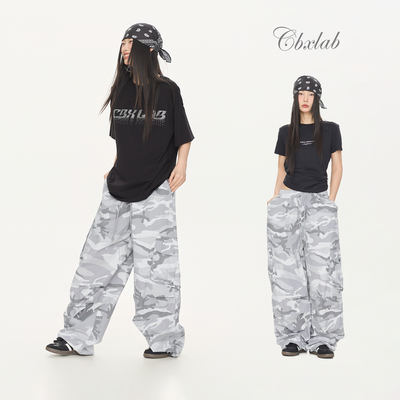 CBXLAB街舞潮牌海洋迷彩工装裤百搭潮流褶皱嘻哈美式显瘦气球裤女
