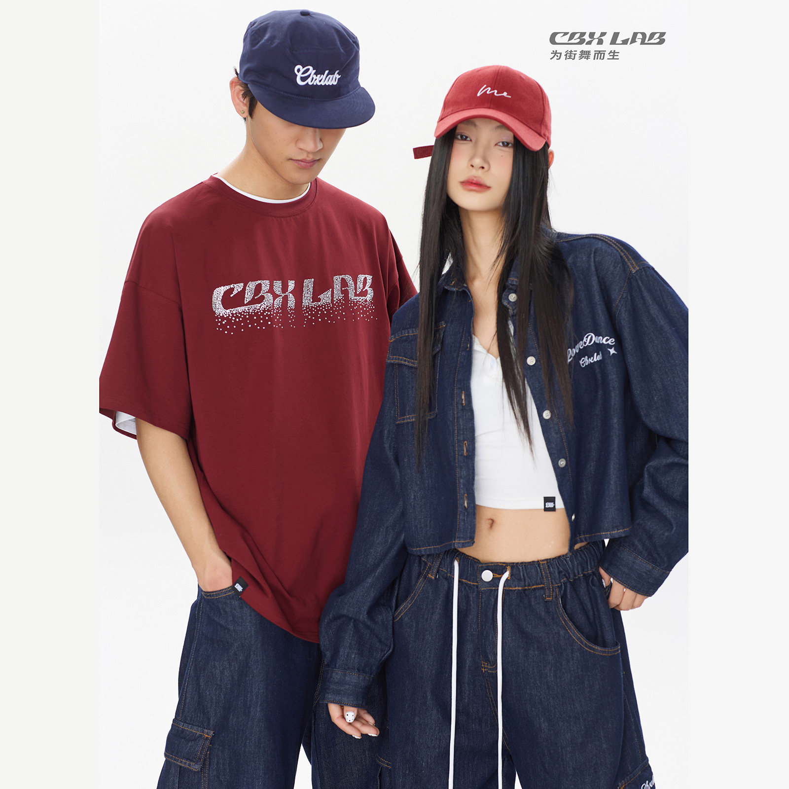 CBXLAB街舞潮牌美式复古高街套装oversize跳舞牛仔裤辣妹街头短袖