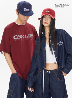 CBXLAB街舞潮牌美式复古高街套装oversize跳舞牛仔裤辣妹街头短袖