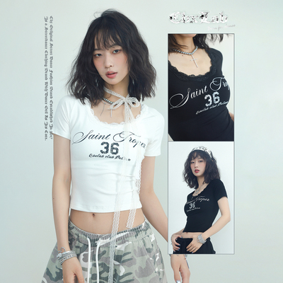 CBXLAB街舞潮牌千禧辣妹修身蕾丝短袖爵士显瘦性感百搭夏季上衣女