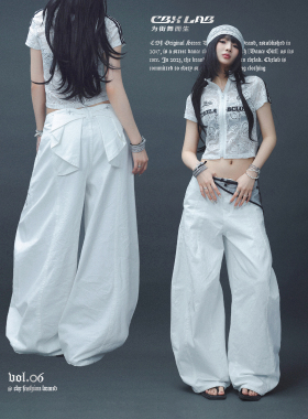 CBXLAB街舞潮牌白色纯棉牛仔蝴蝶结长裤简约夏季吸汗辣妹运动裤潮
