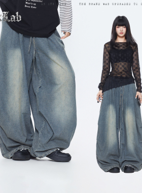 CBXLAB街舞潮牌飘逸水系oversize深蓝哥特牛仔长裤嘻哈街头休闲裤