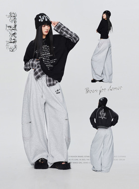 CBXLAB街舞潮牌花灰色oversize基础简约运动长裤美式嘻哈休闲裤潮