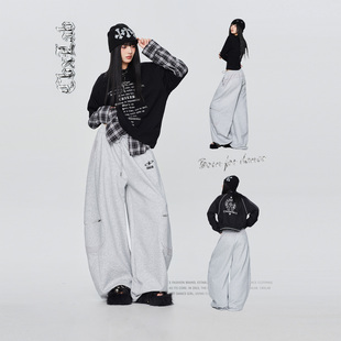 潮 嘻哈休闲裤 CBXLAB街舞潮牌花灰色oversize基础简约运动长裤 美式