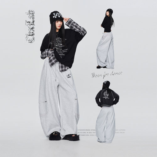 CBXLAB街舞潮牌花灰色oversize基础简约运动长裤美式嘻哈休闲裤潮