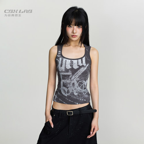CBXLAB街舞潮牌Y2K千禧做旧印花修身工字背心街头复古爵士上衣女