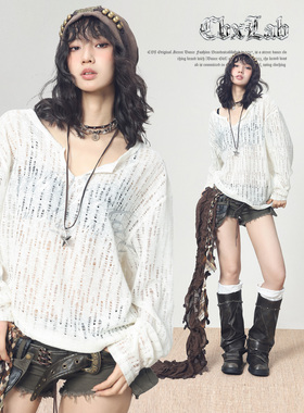 CBXLAB街舞潮牌镂空破损风街头做旧宽松上衣美式针织慵懒简约长袖