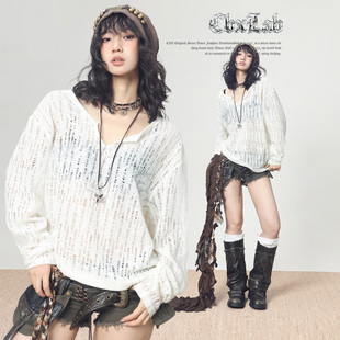 CBXLAB街舞潮牌镂空破损风街头做旧宽松上衣美式 针织慵懒简约长袖