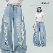 CBXLAB街舞潮牌蓝色牛仔贴布破洞跳舞长裤 潮 设计感爵士辣妹休闲裤