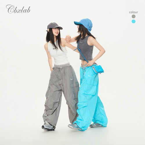 CBXLAB街舞潮牌光感水系双腰头宽松速干长裤慵懒复古美式工装裤女