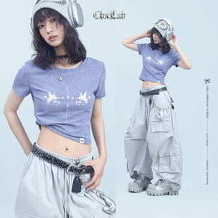 短袖 CBXLAB街舞潮牌晕染做旧正肩显瘦修身 水洗辣妹复古轻亚上衣女