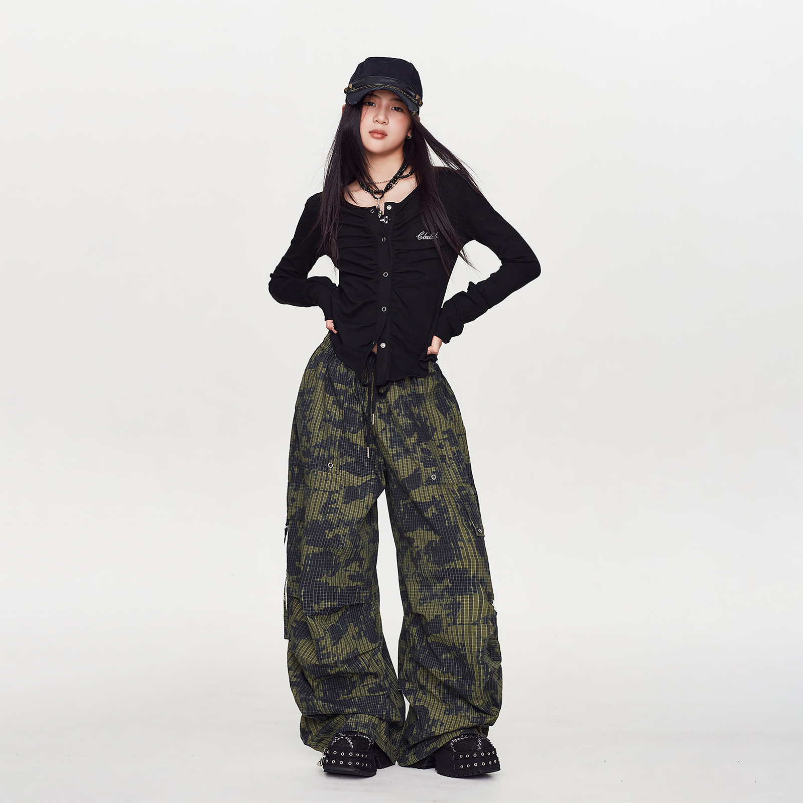 CBXLAB街舞潮牌【小黄同款】晕染方格嘻哈工装长裤复古辣妹休闲裤