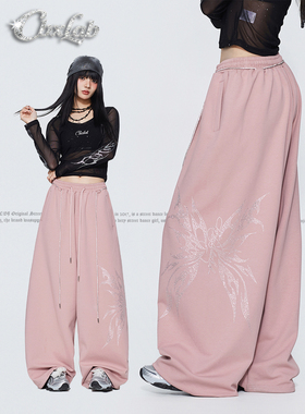 CBXLAB街舞潮牌粉色甜心蝴蝶烫钻辣妹运动裤爵士美式街头休闲裤潮