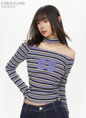 CBXLAB街舞潮牌早春暗夜紫y2k千禧撞色条纹上衣美式复古性感长袖