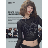 CBXLAB街舞潮牌黑色网纱烫钻修身 上衣爵士辣妹抽绳长袖 显瘦内搭女