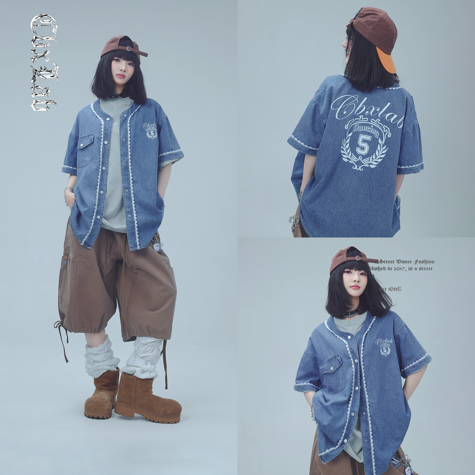 CBXLAB街舞潮牌复古水洗蕾丝花边牛仔棒球服美式街头辣妹短袖衬衫