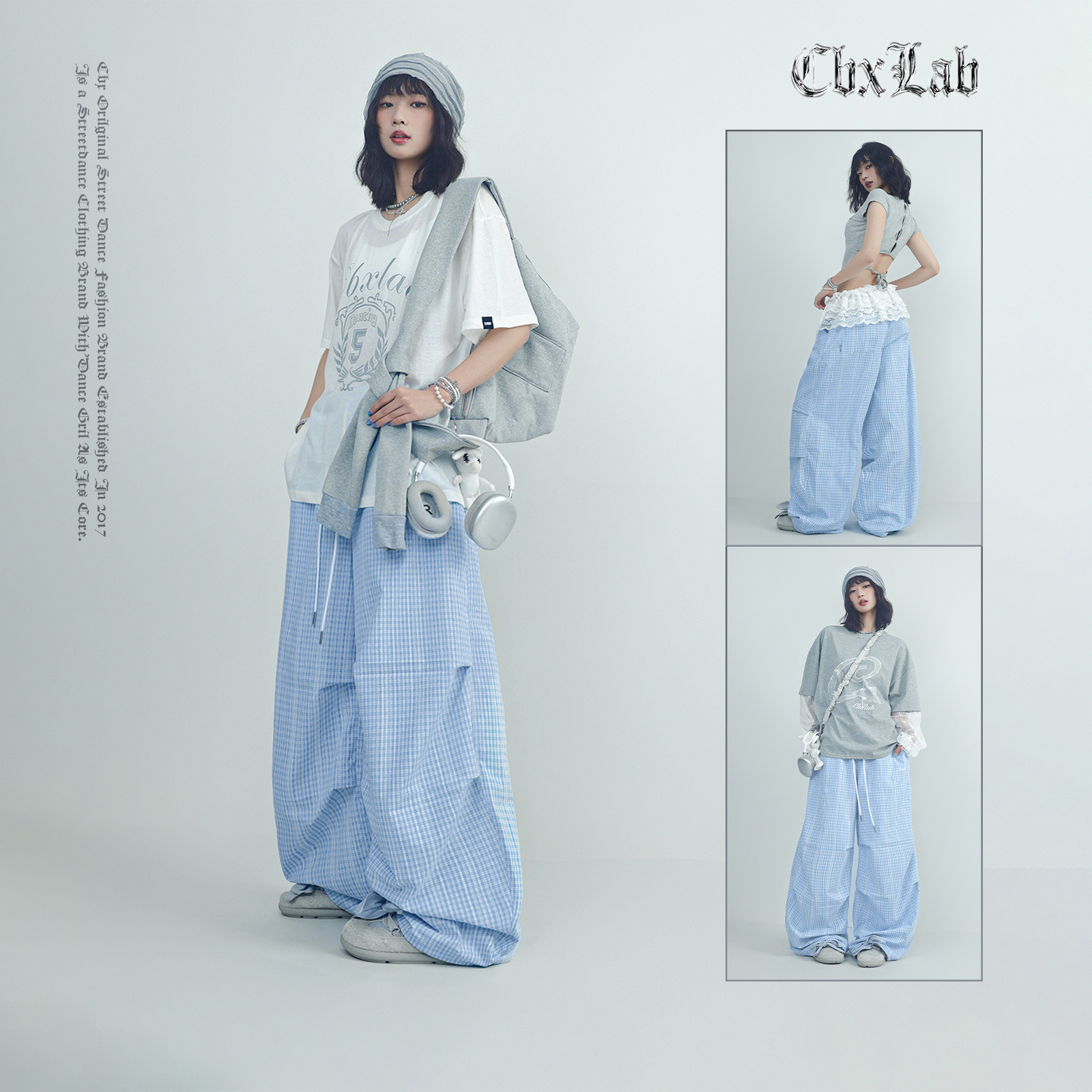 CBXLAB街舞潮牌夏季清新蓝白格子运动裤学院风复古辣妹街头休闲裤