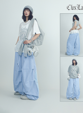 CBXLAB街舞潮牌夏季清新蓝白格子学院风跳舞运动裤复古辣妹休闲裤