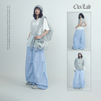 CBXLAB街舞潮牌夏季清新蓝白格子运动裤学院风复古辣妹街头休闲裤