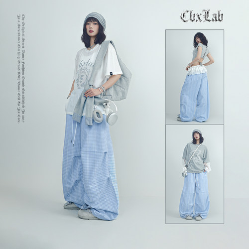 CBXLAB街舞潮牌夏季清新蓝白格子学院风跳舞运动裤复古辣妹休闲裤