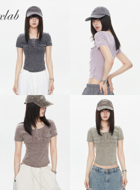 CBXLAB街舞潮牌春季炒雪花做旧水洗工装短袖辣妹修身显瘦跳舞上衣