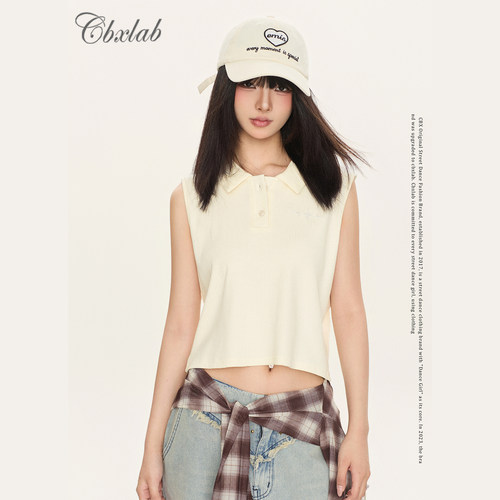 CBXLAB街舞潮牌老钱刺绣翻领修身背心辣妹百搭简约爵士kpop上衣女