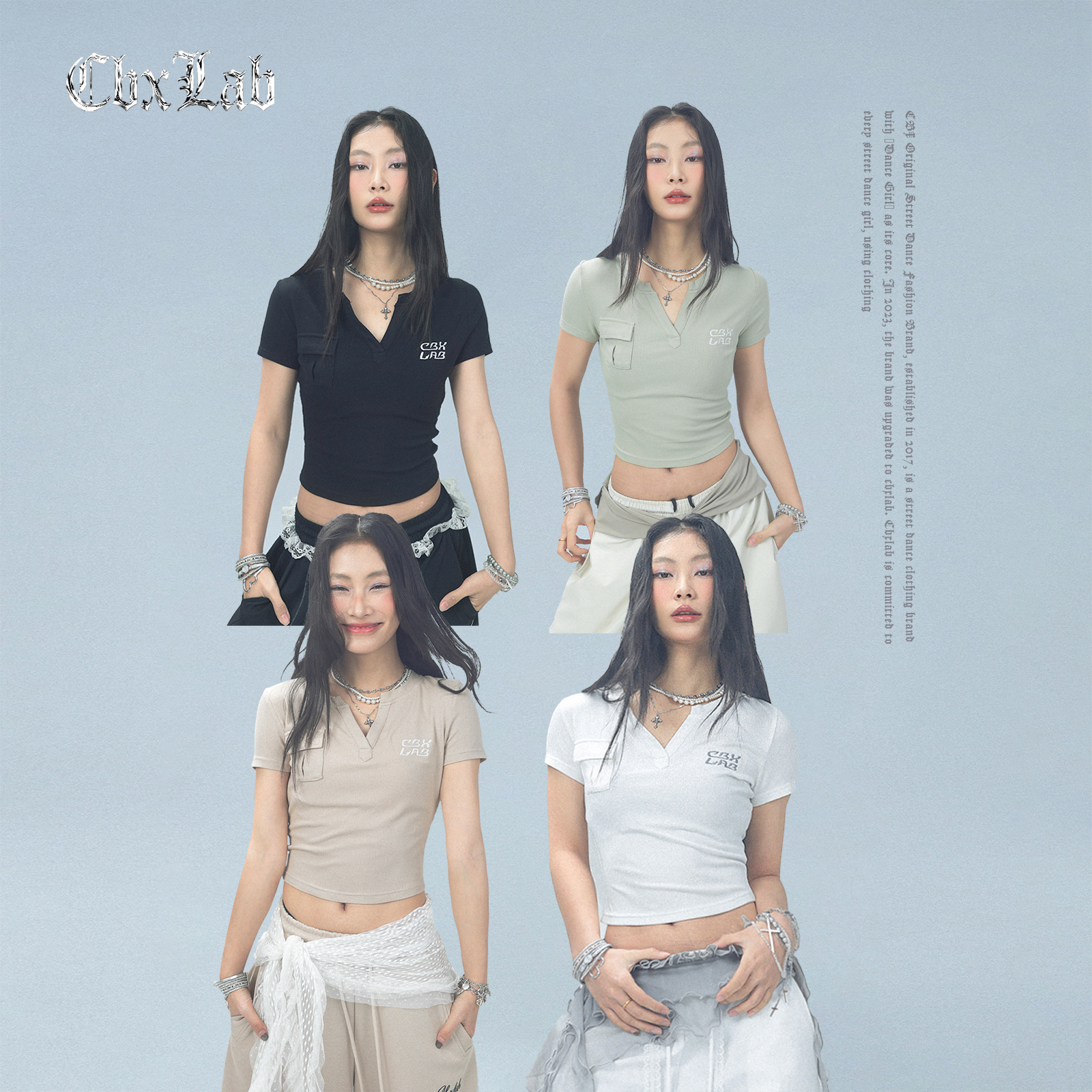 CBXLAB街舞潮牌夏季超弹亲肤工装口袋短袖V领修身爵士辣妹上衣女