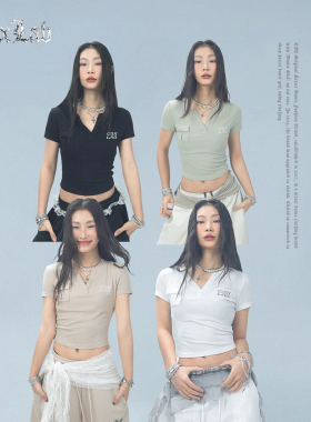 CBXLAB街舞潮牌夏季超弹亲肤工装口袋短袖V领修身爵士辣妹上衣女