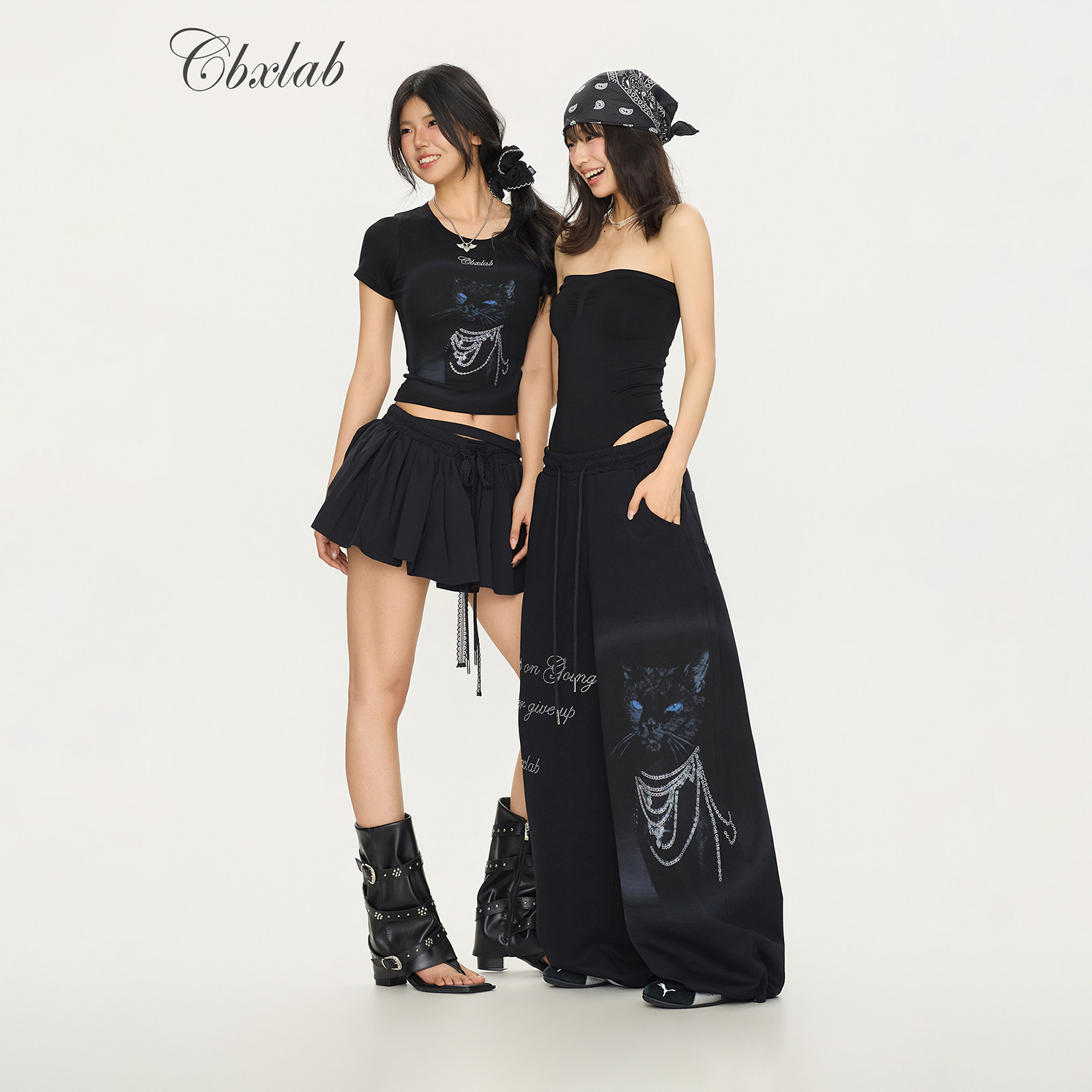 CBXLAB街舞潮牌"项链猫咪系列"烫钻美式修身上衣印花宽松慵懒长裤
