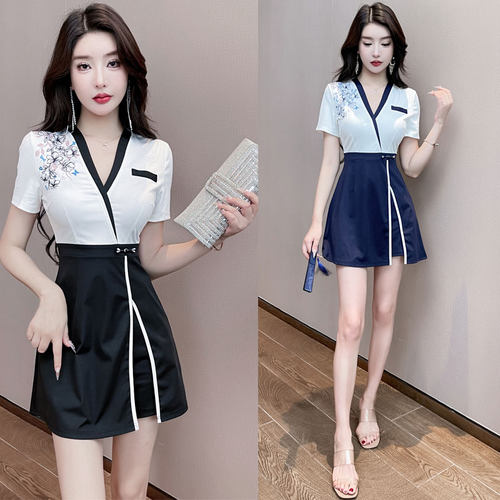 采耳技师服女气质修身显瘦印花深v性感短裙