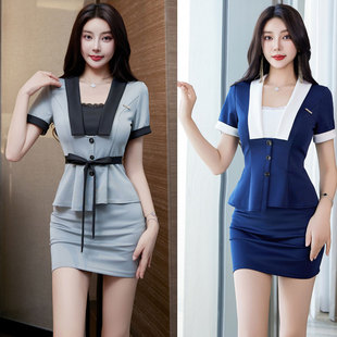 酒店工作制服春季新款遮肚显瘦高级美容院桑拿馆推拿方领裙裤工衣