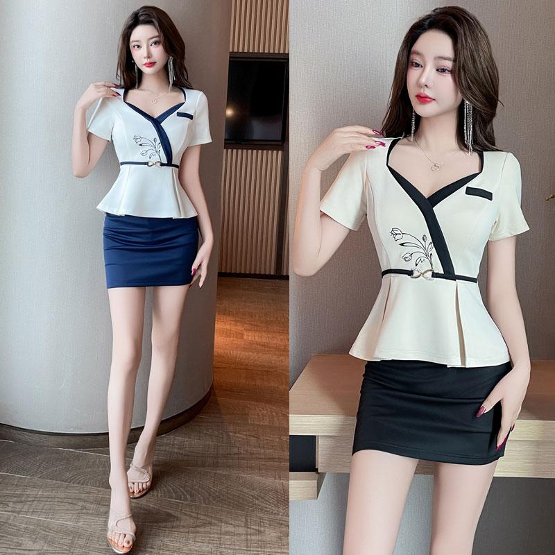 酒店服务员制服套装沐足洗浴推拿气质修身收腰新中式低领包臀短裙