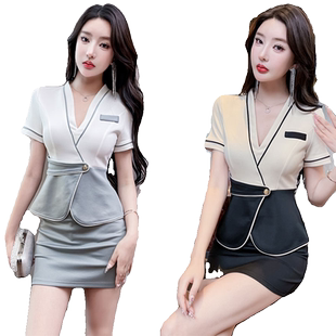 美容师工作服女性感时尚显瘦洗浴按摩推拿高级遮肚v领连衣裙套装