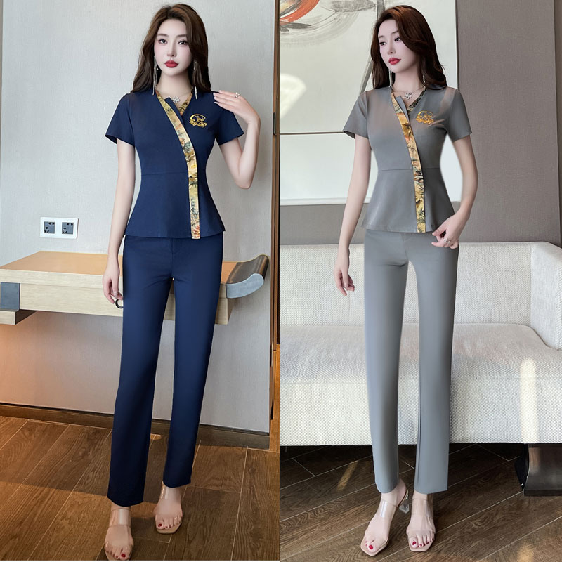 美容院气质显瘦收腰技师服套装夏