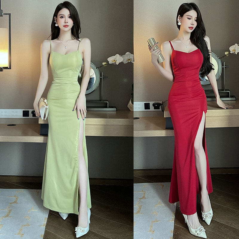 单穿吊带时尚红色开叉长裙显瘦气质美容师桑拿酒吧小姐性感工作服