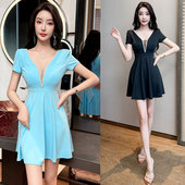 气质足疗技师服女收腰修身 夜场ktv酒吧前台小姐深v漏胸连衣裙新款