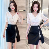 夜店酒吧小姐性感蕾丝镂空拼接短款 小黑裙两件套沐足spa显瘦收腰