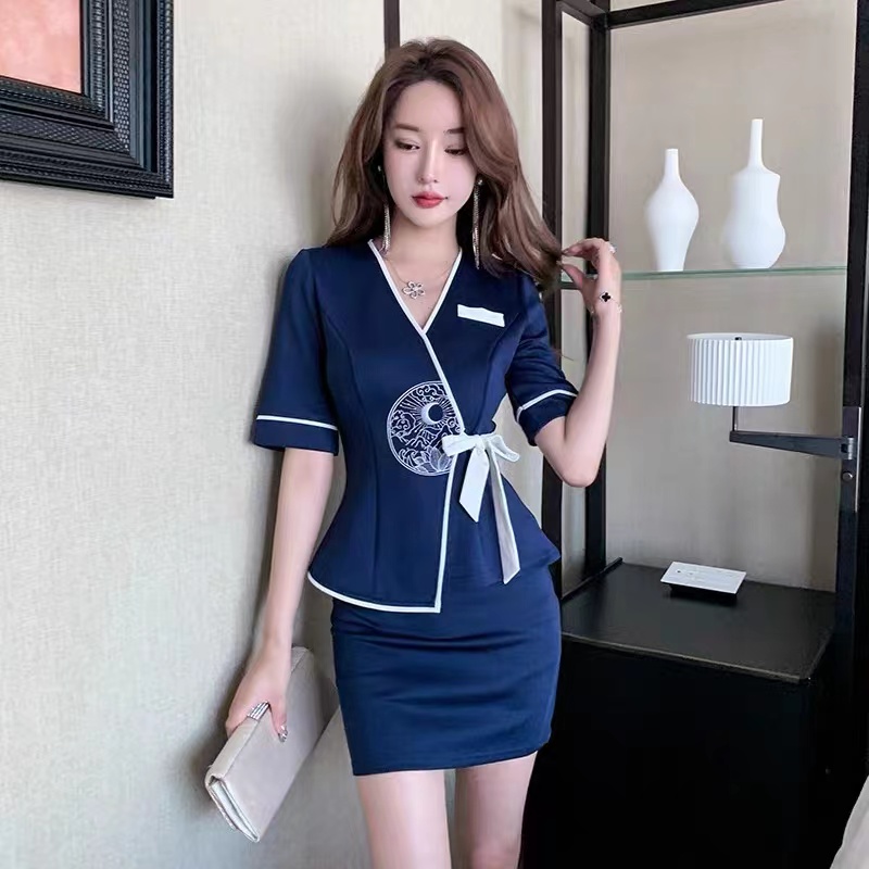 2023春夏新款收腰绑带气质套装夜场ktv酒店足疗桑拿美容工作服女