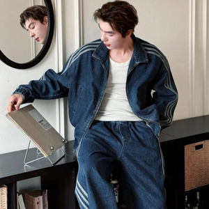 美式复古运动风三条杠牛仔套装男士冬季时尚个性潮牌痞帅两件套潮