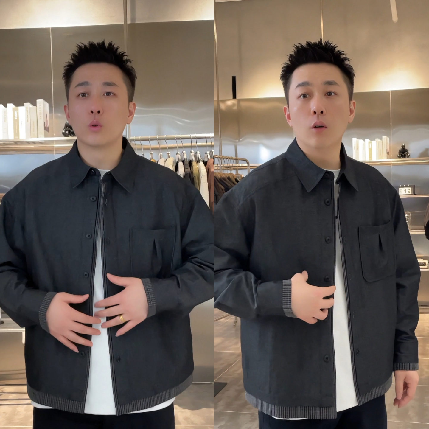 春季新款假两件拼接翻领男士夹克