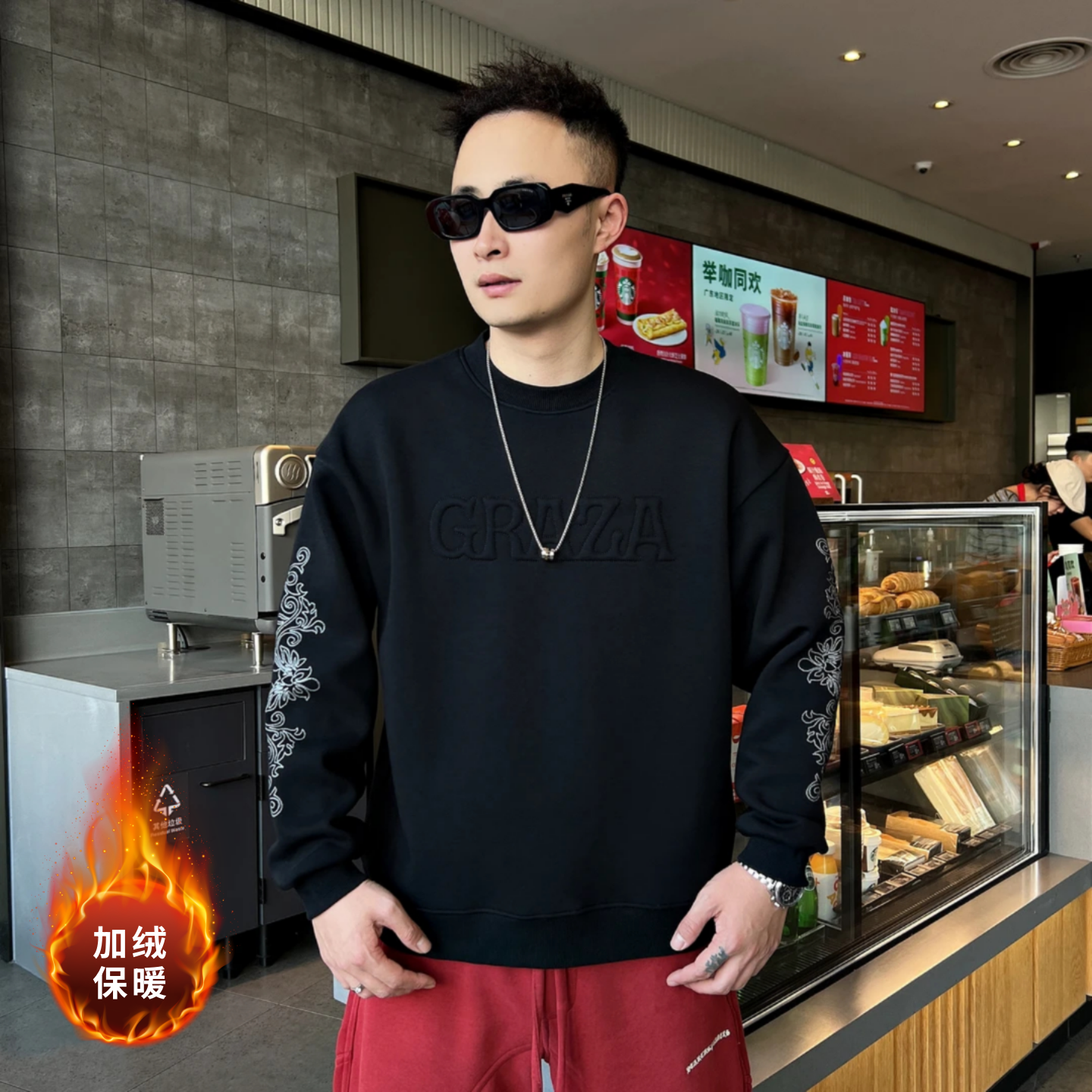 韩版冬季加绒男士刺绣字母卫衣