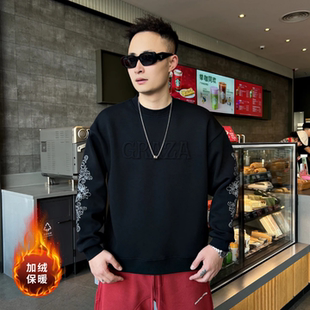 韩版冬季新款潮牌刺绣字母加厚加绒卫衣男士重工设计时尚圆领长袖