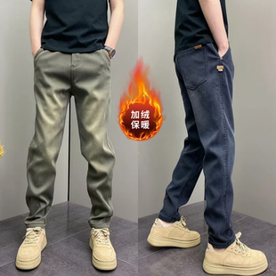 美式复古做旧加绒加厚牛仔裤冬季男士潮流简约百搭时尚休闲小脚裤